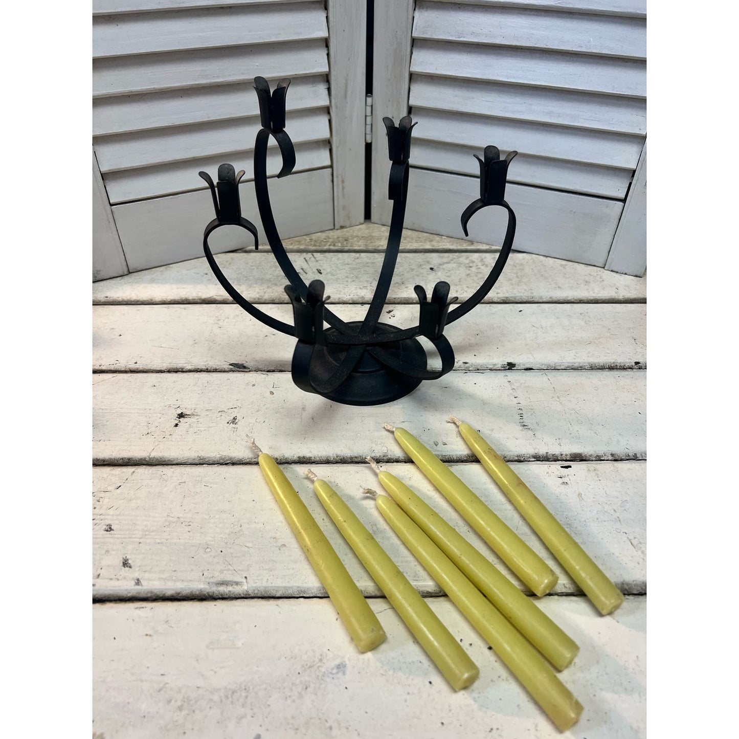 Vintage black metal 6 candle candelabra/ candle holder/ mid century candle holder