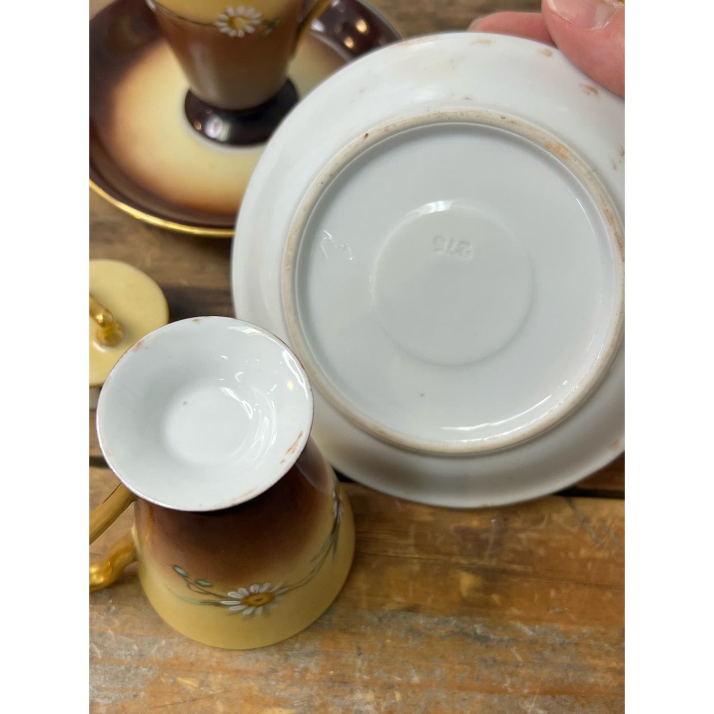 Antique Chocolate Pot Set with 4 matching cups and saucers with hand painted daisy pattern