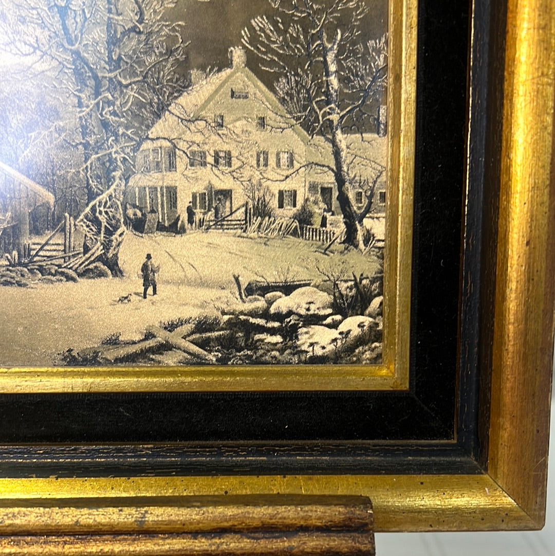 Vintage Currier and Ives American  Homestead “Winter” gold foil Print