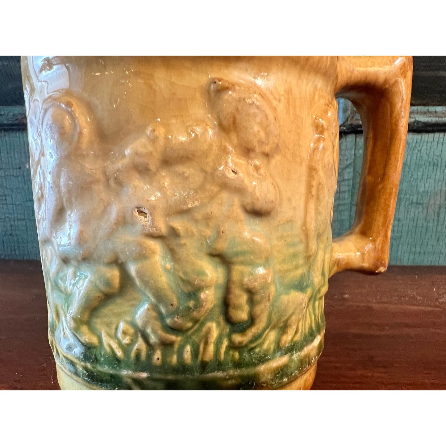 Vintage Brushware 1920s Beer Stein Dancing Fiddle Player Green Tan Mug Cup