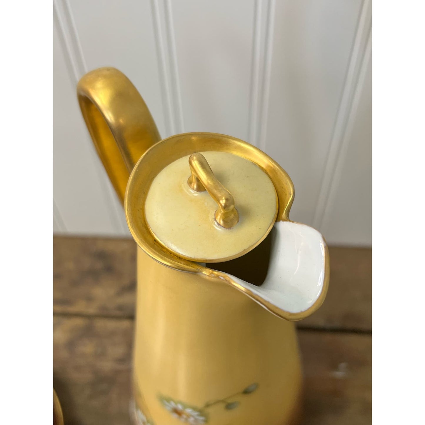 Antique Chocolate Pot Set with 4 matching cups and saucers with hand painted daisy pattern