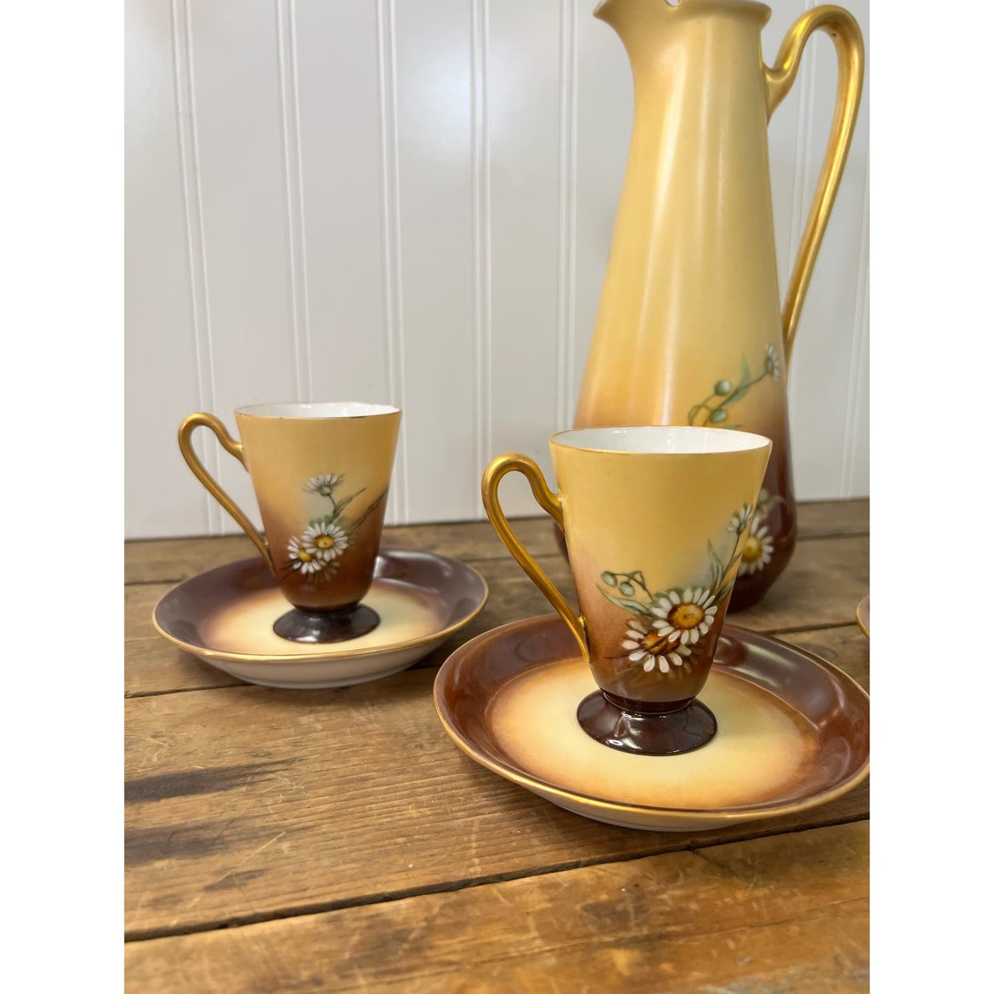 Antique Chocolate Pot Set with 4 matching cups and saucers with hand painted daisy pattern