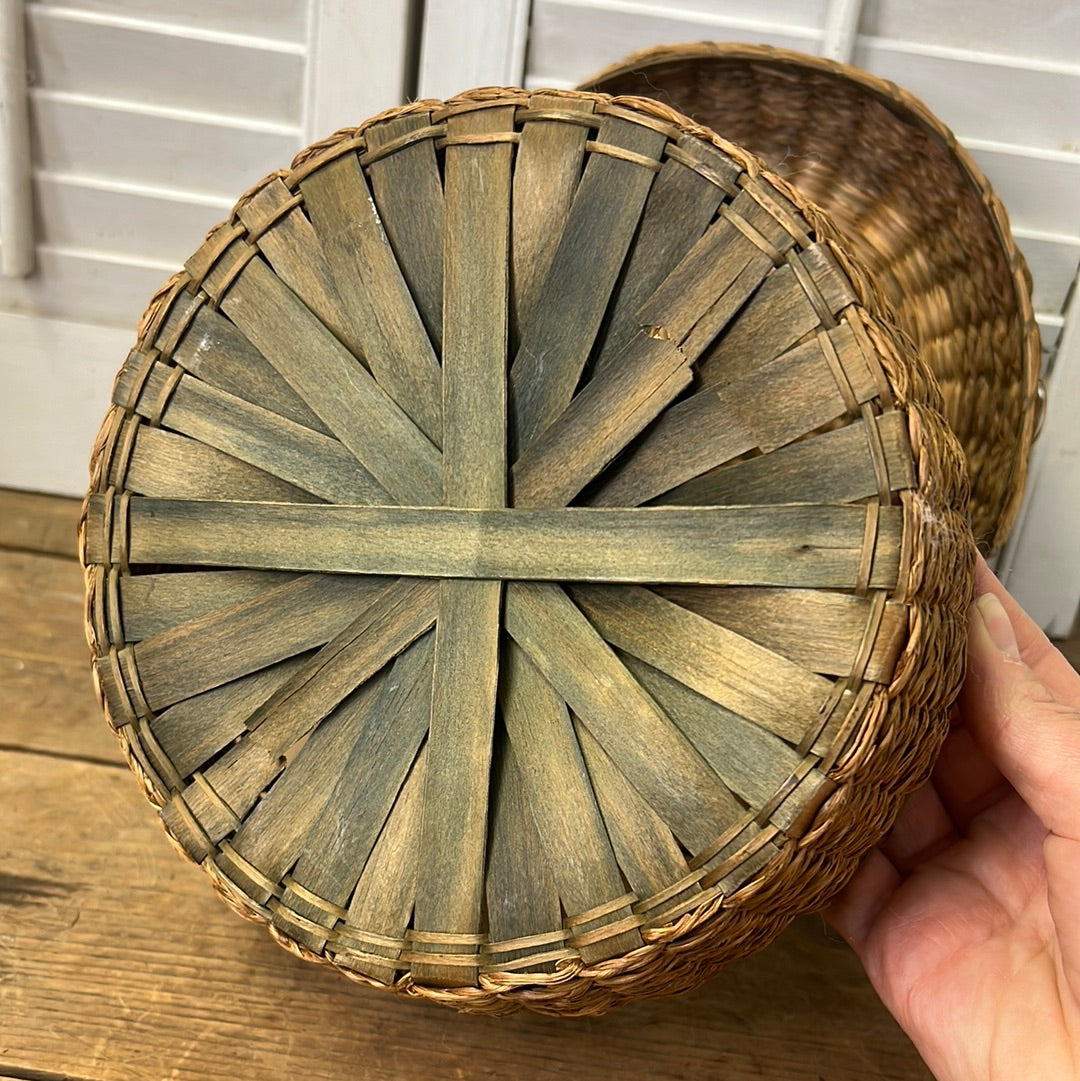 Braided sweetgrass and ash lidded basket/sewing basket