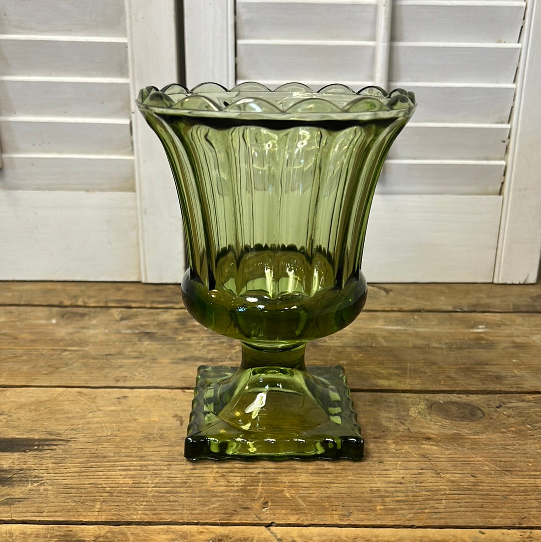 Vintage Green Indiana Glass Urn Vase/ Planter