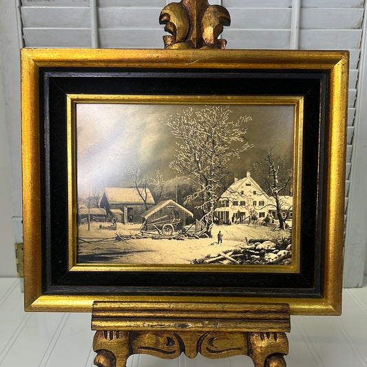 Vintage Currier and Ives American  Homestead “Winter” gold foil Print