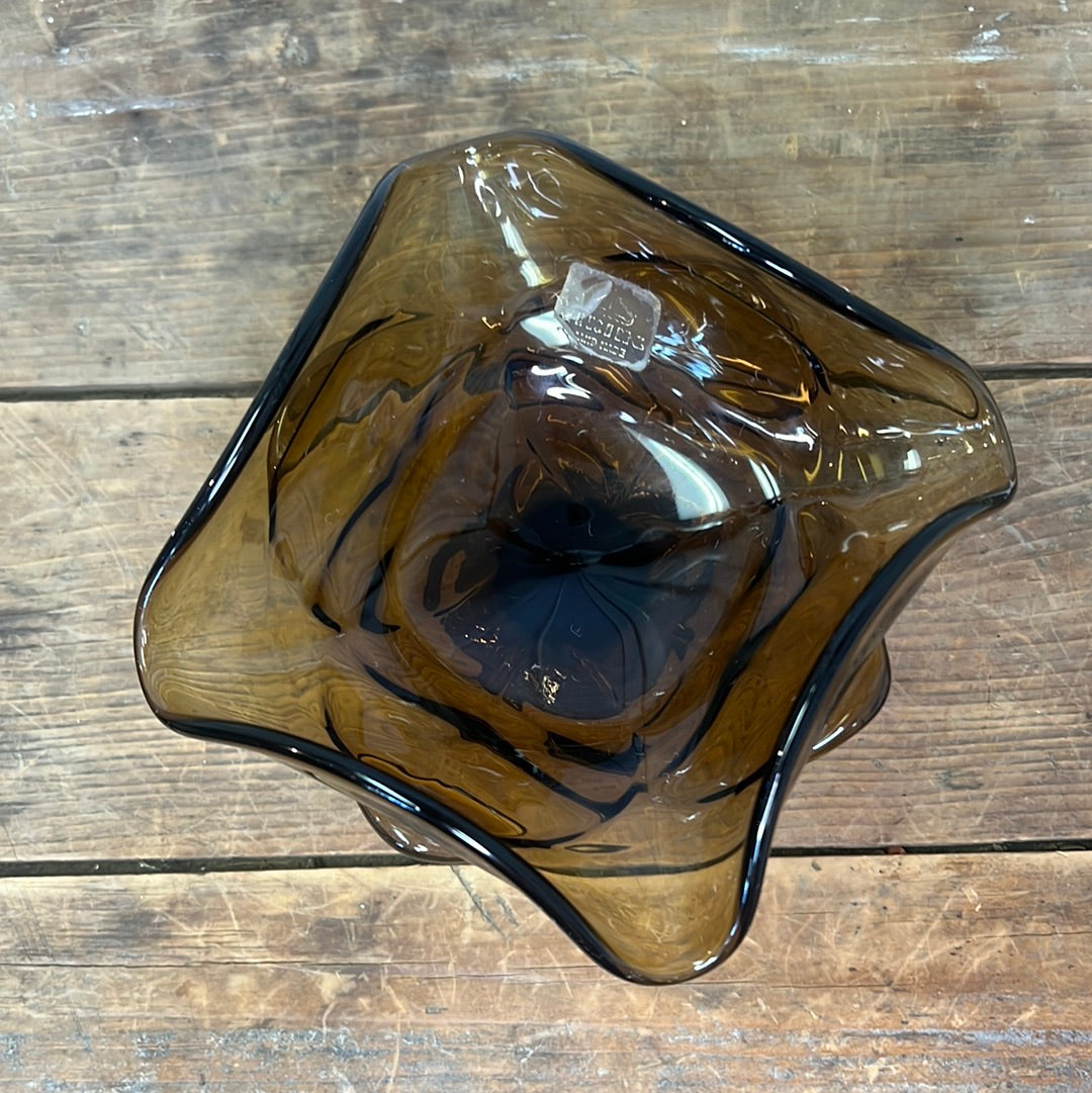 Vintage Viking glass footed amber leaf candy dish