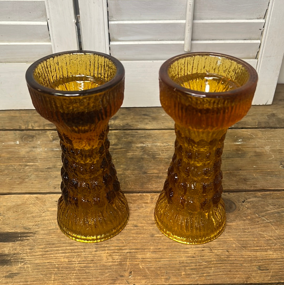 Pair of Vintage Amber Glass Candleholder/ Vases