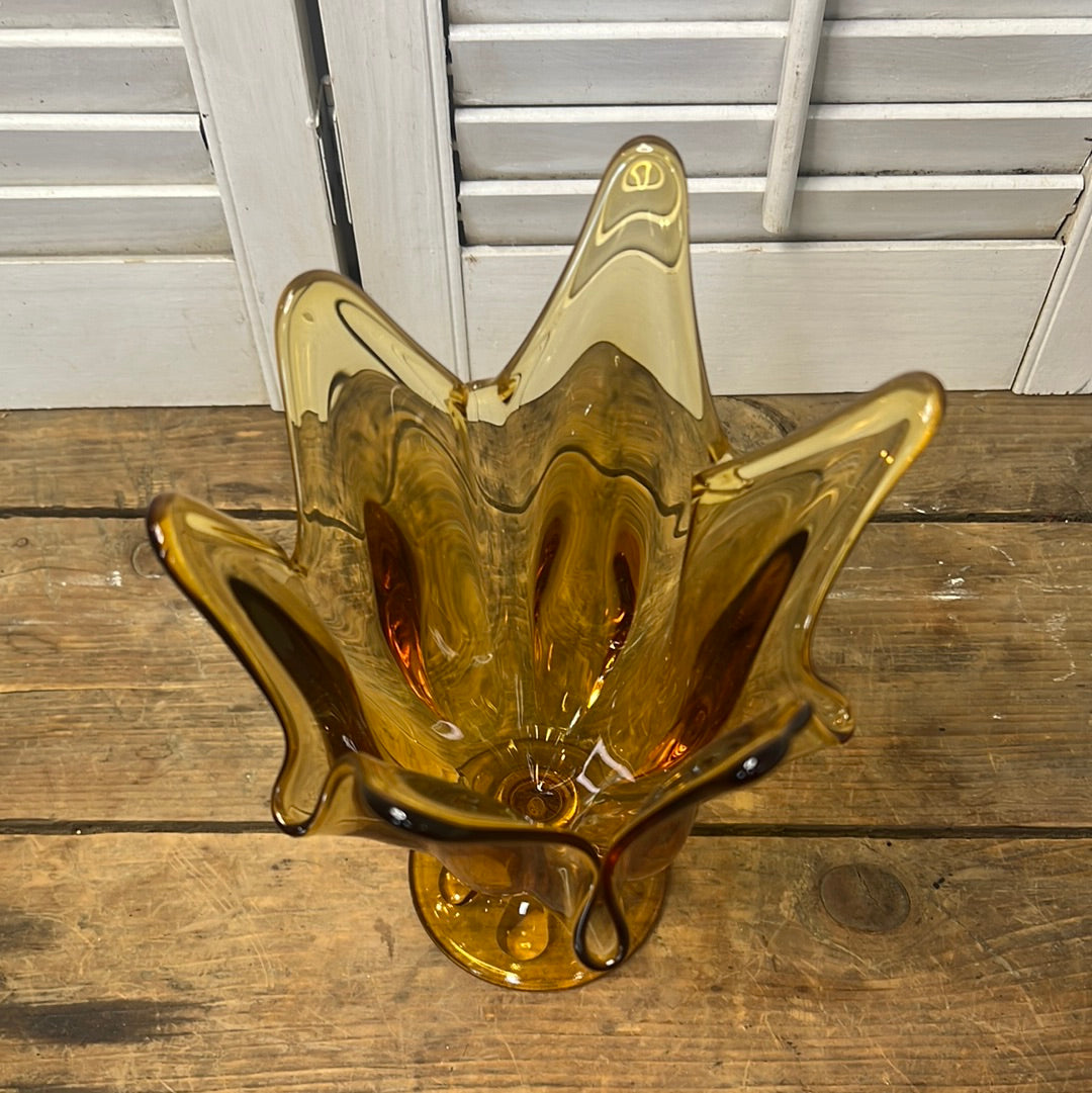 Viking Amber Glass 6 Petal Handkerchief Vase