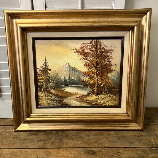 Vintage landscape oil painting on board, framed