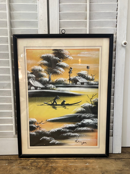 Vintage Asian painting on silk water scene framed and signed