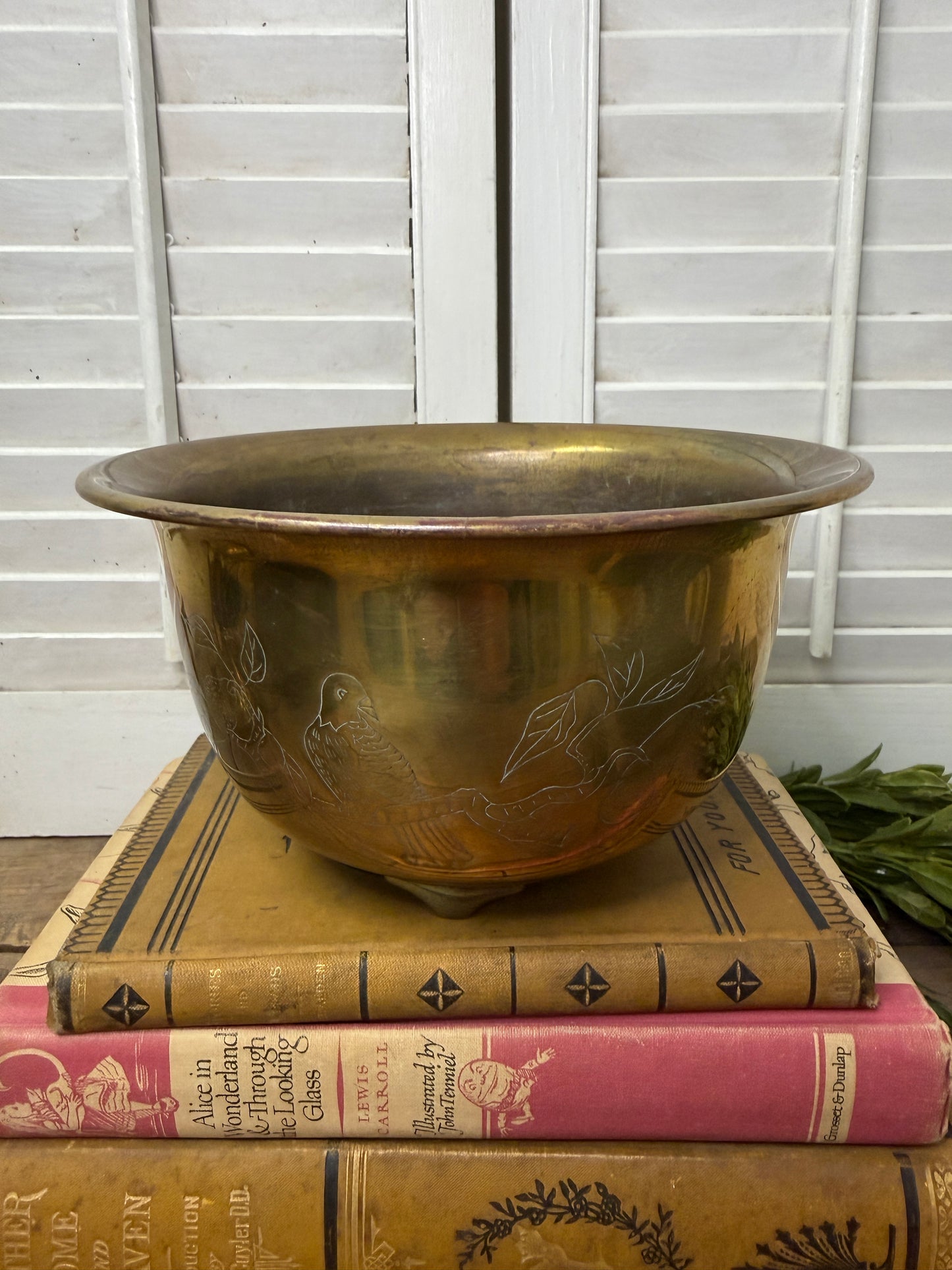 Vintage Brads Planter Bowl with etched birds on a branch