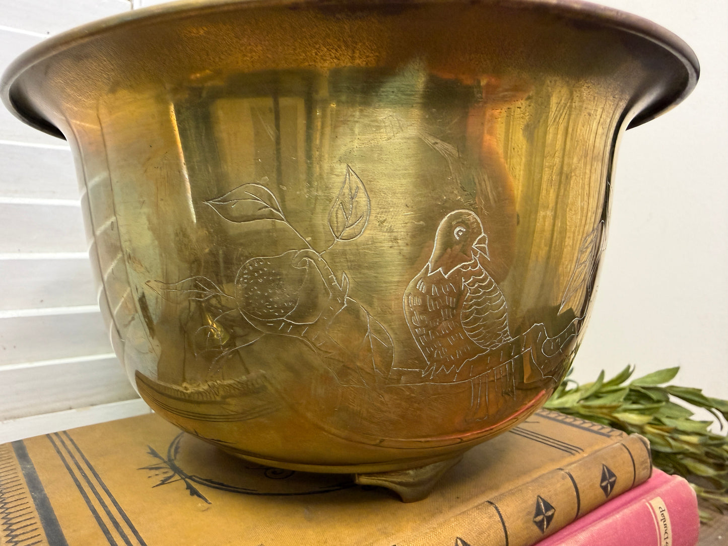 Vintage Brads Planter Bowl with etched birds on a branch