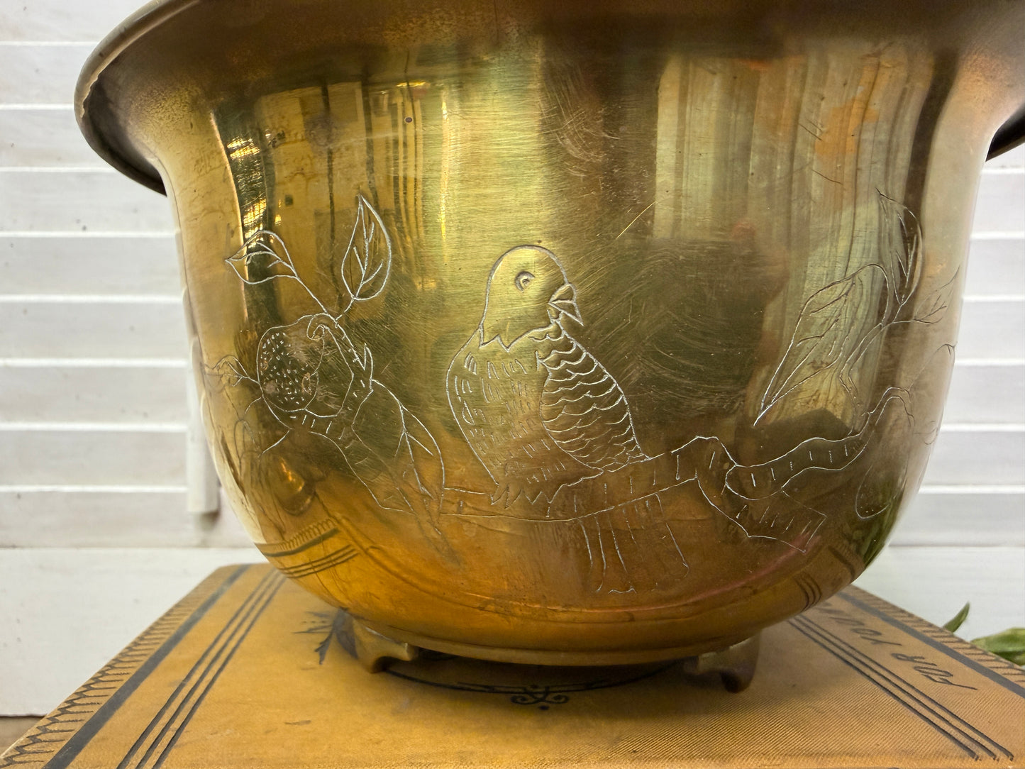 Vintage Brads Planter Bowl with etched birds on a branch
