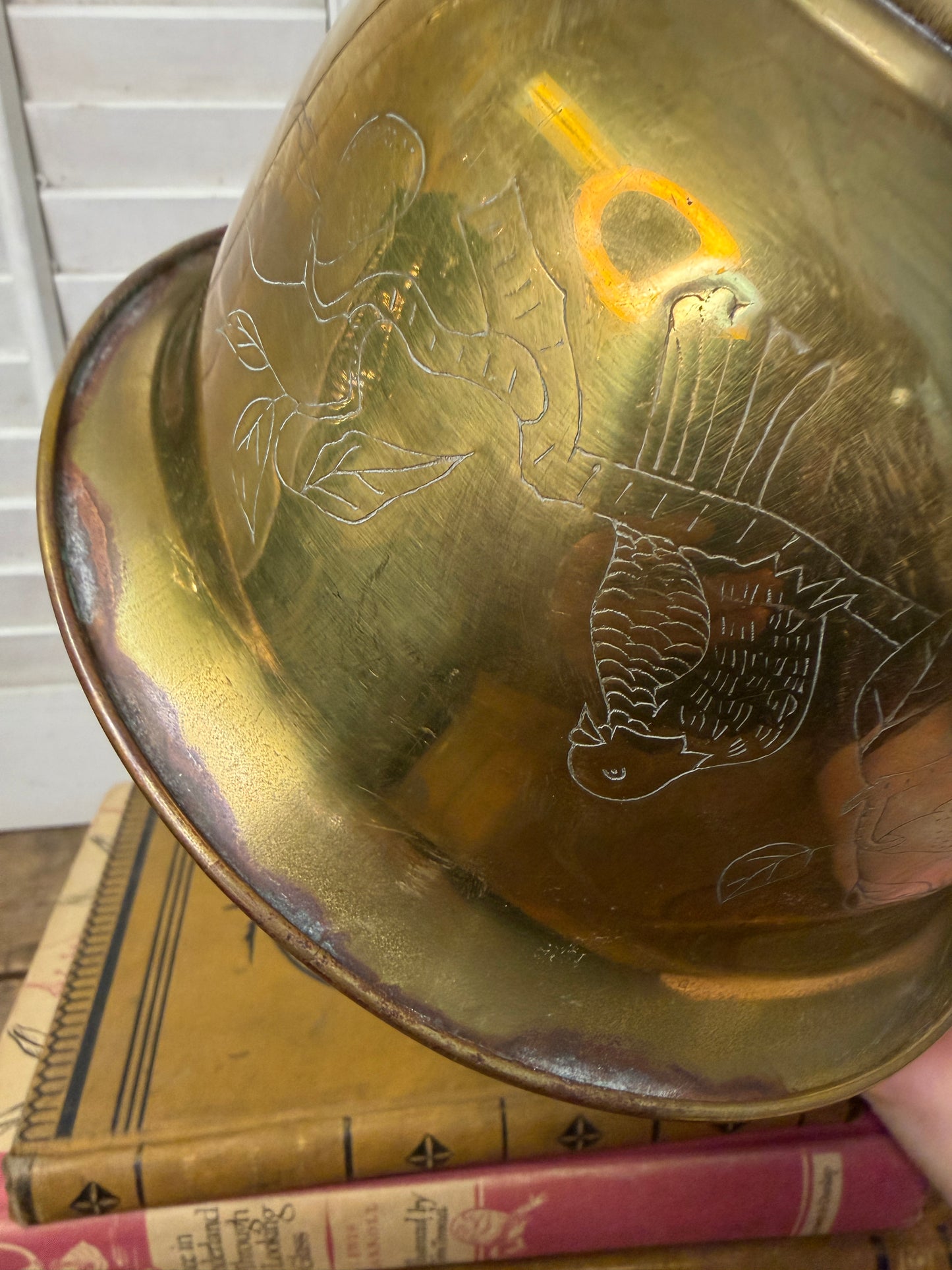 Vintage Brads Planter Bowl with etched birds on a branch