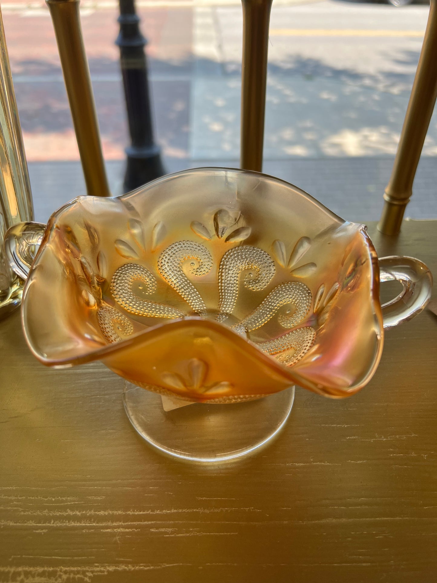 Antique Dugan Glass Marigold "Question Marks" Carnival Glass Bon Bon/ Compote