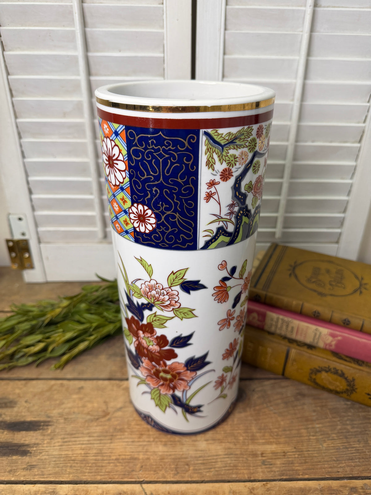 Japanese Vase Imari Ware Blue Orange Red Green Flowers Gold Trim 12" Cylinder