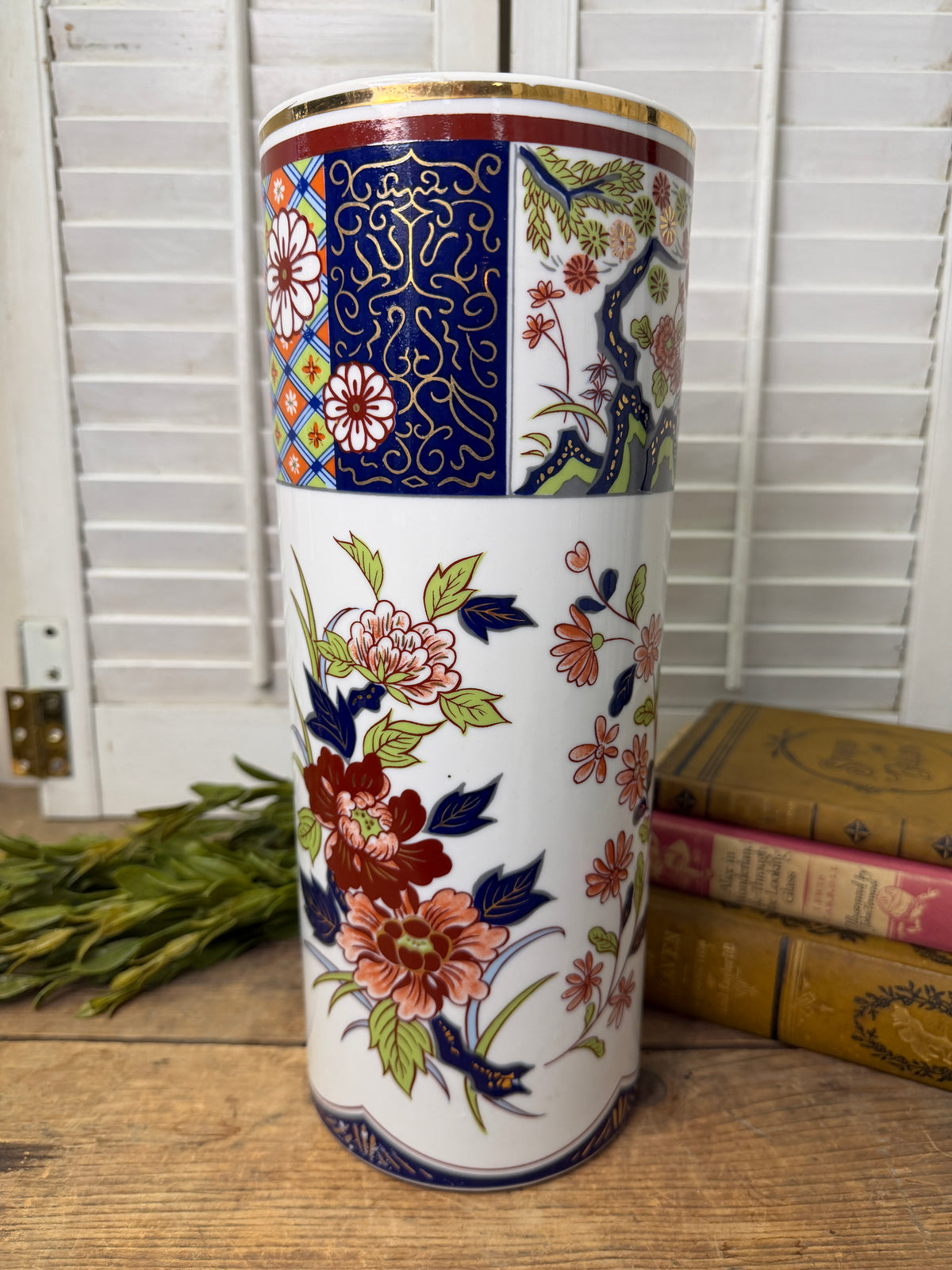 Japanese Vase Imari Ware Blue Orange Red Green Flowers Gold Trim 12" Cylinder