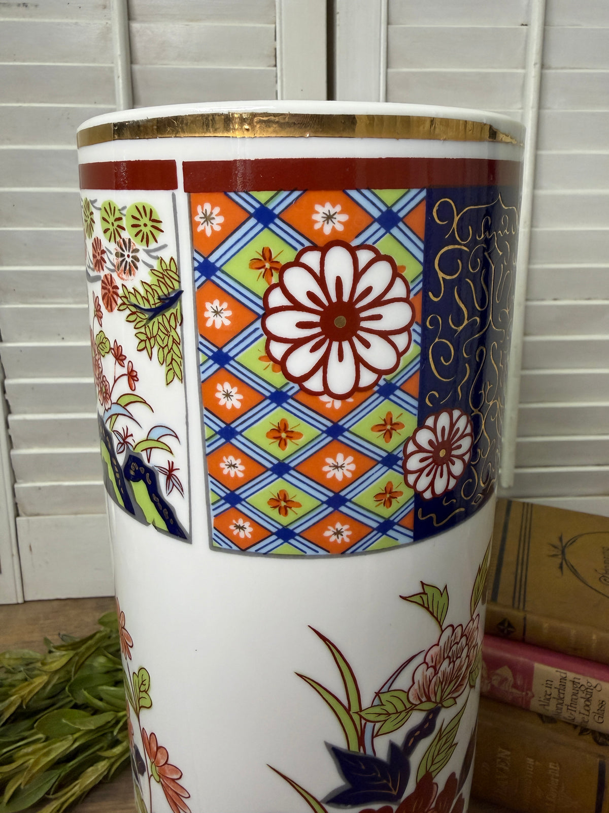 Japanese Vase Imari Ware Blue Orange Red Green Flowers Gold Trim 12" Cylinder