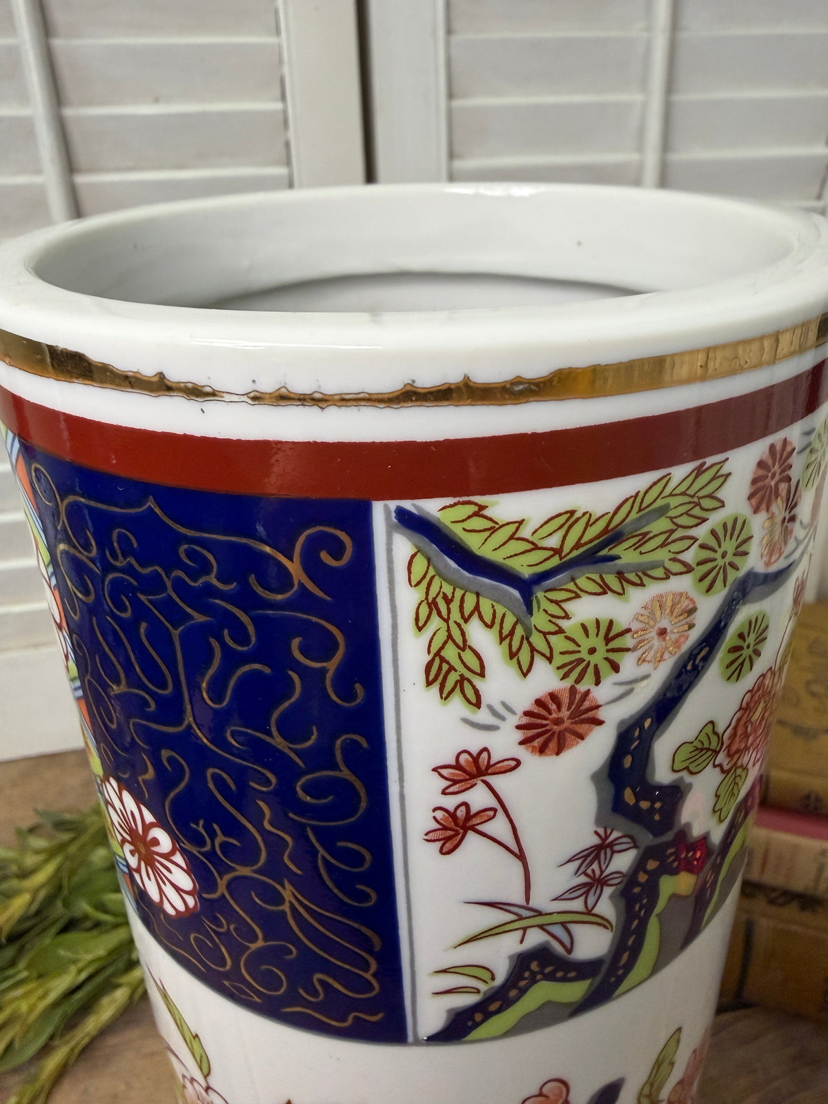 Japanese Vase Imari Ware Blue Orange Red Green Flowers Gold Trim 12" Cylinder