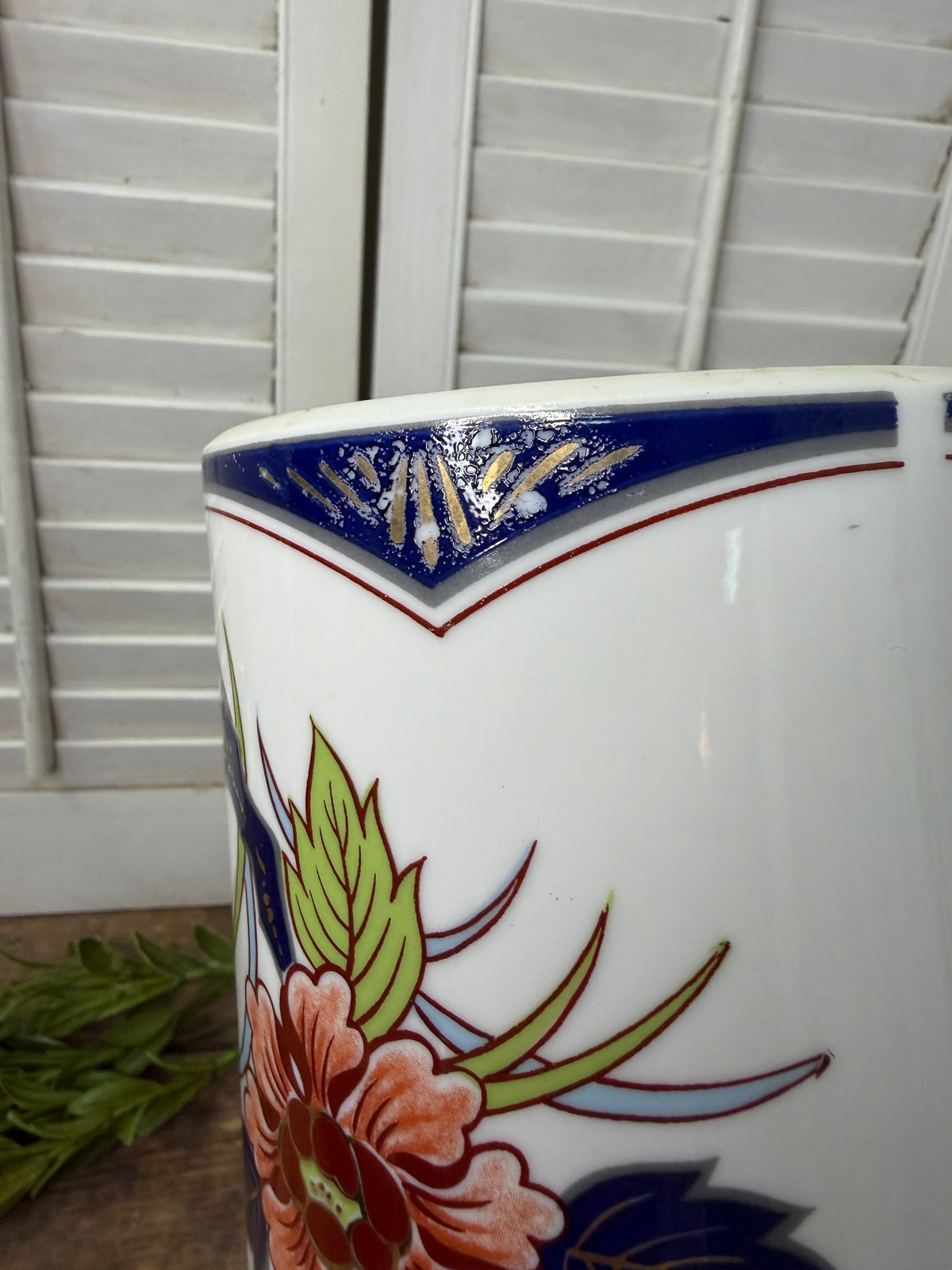 Japanese Vase Imari Ware Blue Orange Red Green Flowers Gold Trim 12" Cylinder