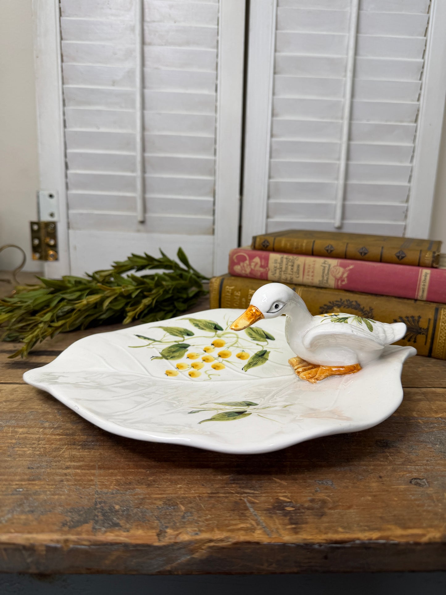 Vintage Italian Leaf Plate with Applied Duck/ Haind painted Ceramic