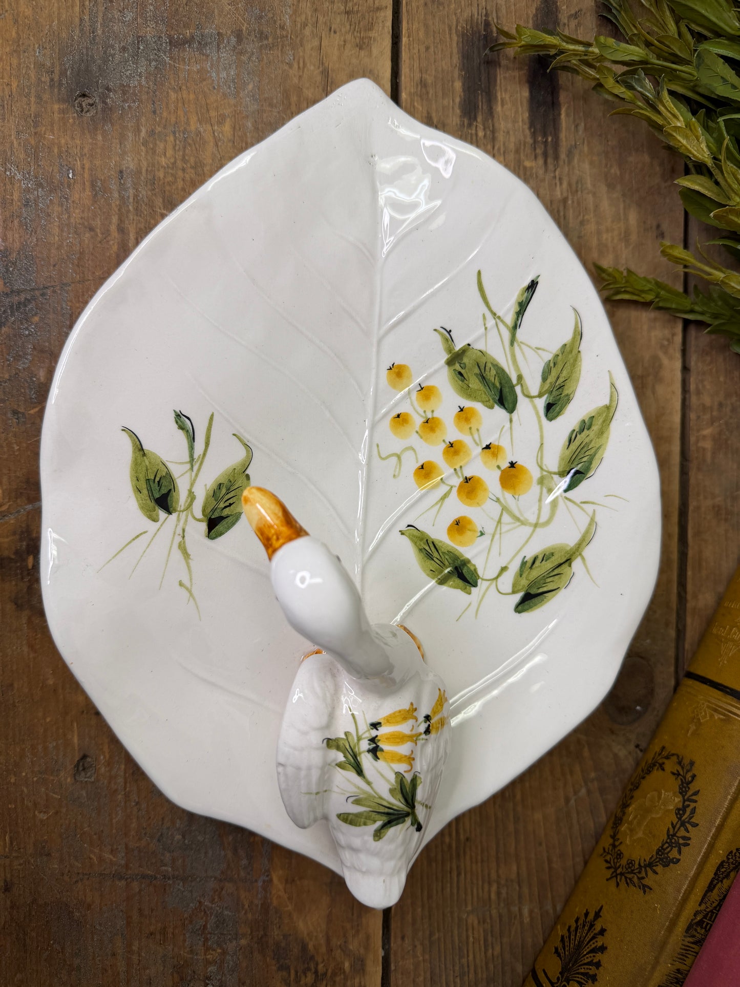 Vintage Italian Leaf Plate with Applied Duck/ Haind painted Ceramic