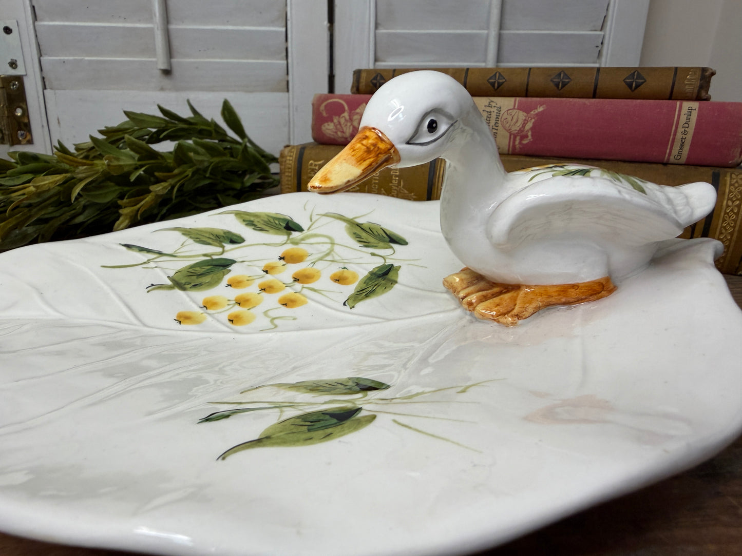 Vintage Italian Leaf Plate with Applied Duck/ Haind painted Ceramic