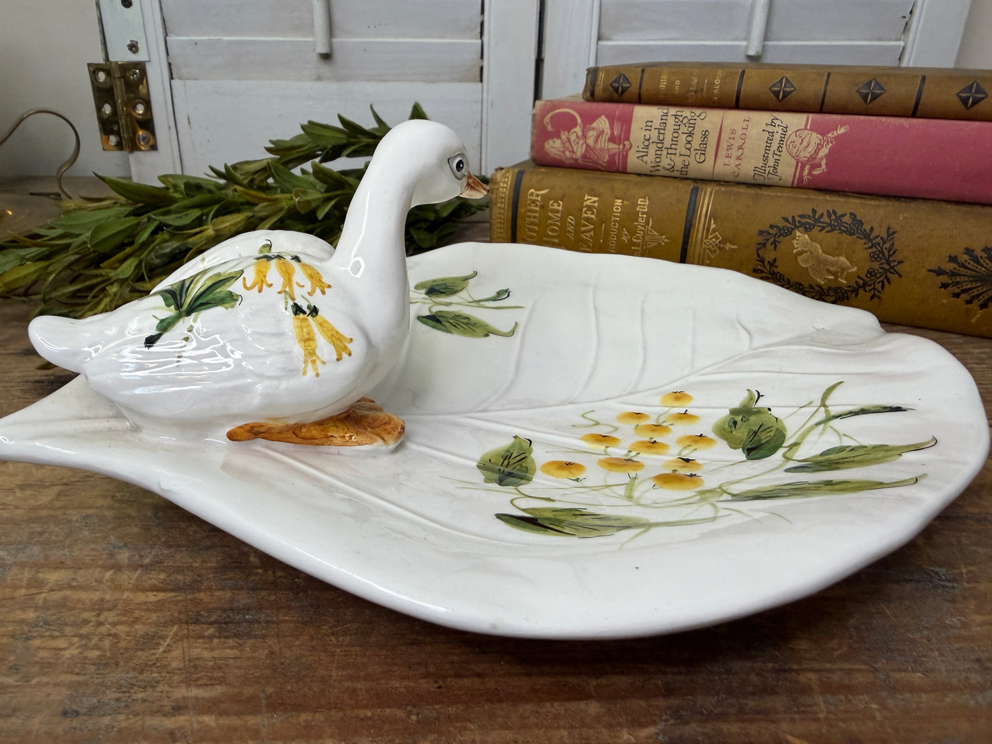 Vintage Italian Leaf Plate with Applied Duck/ Haind painted Ceramic
