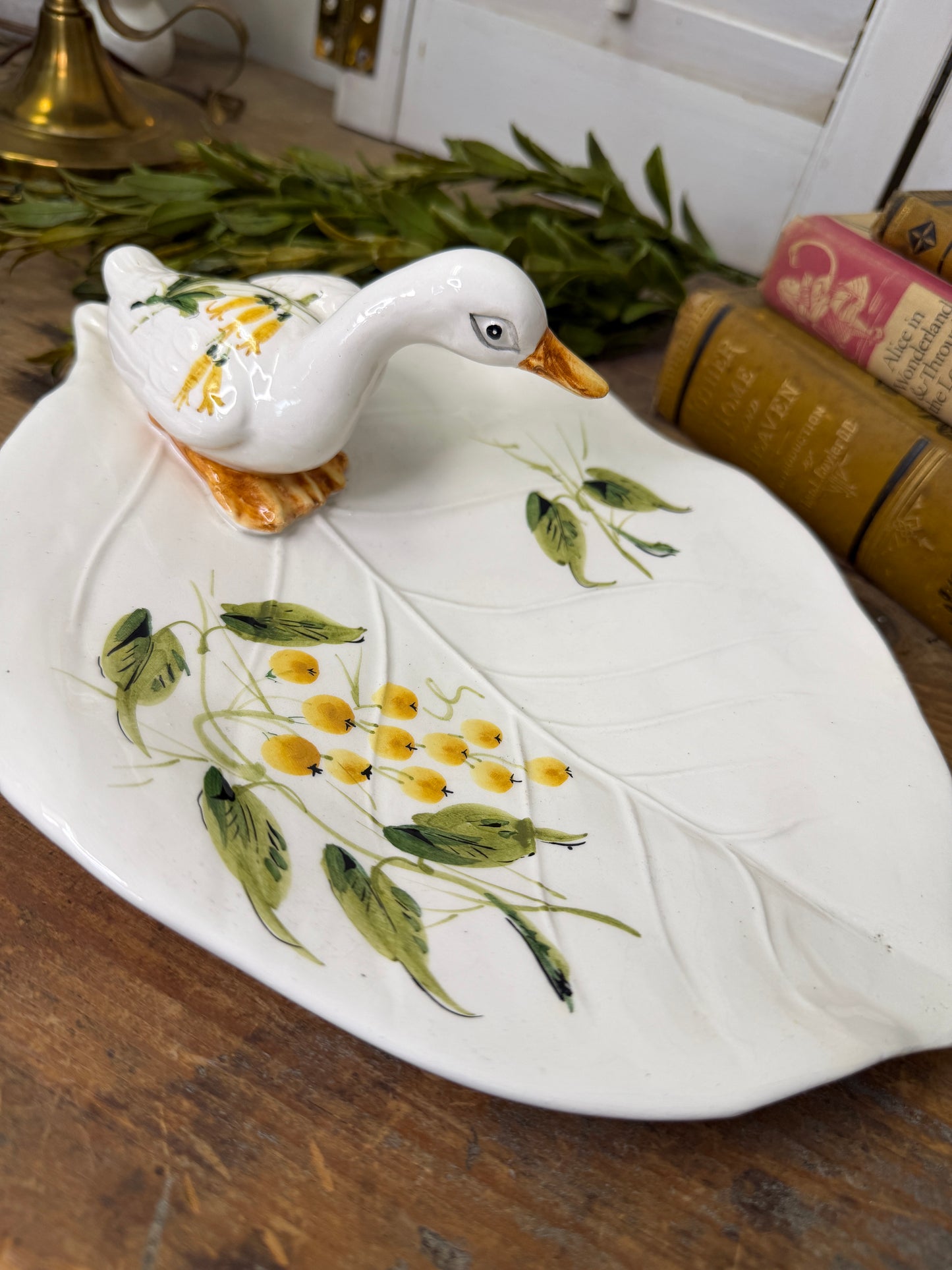 Vintage Italian Leaf Plate with Applied Duck/ Haind painted Ceramic