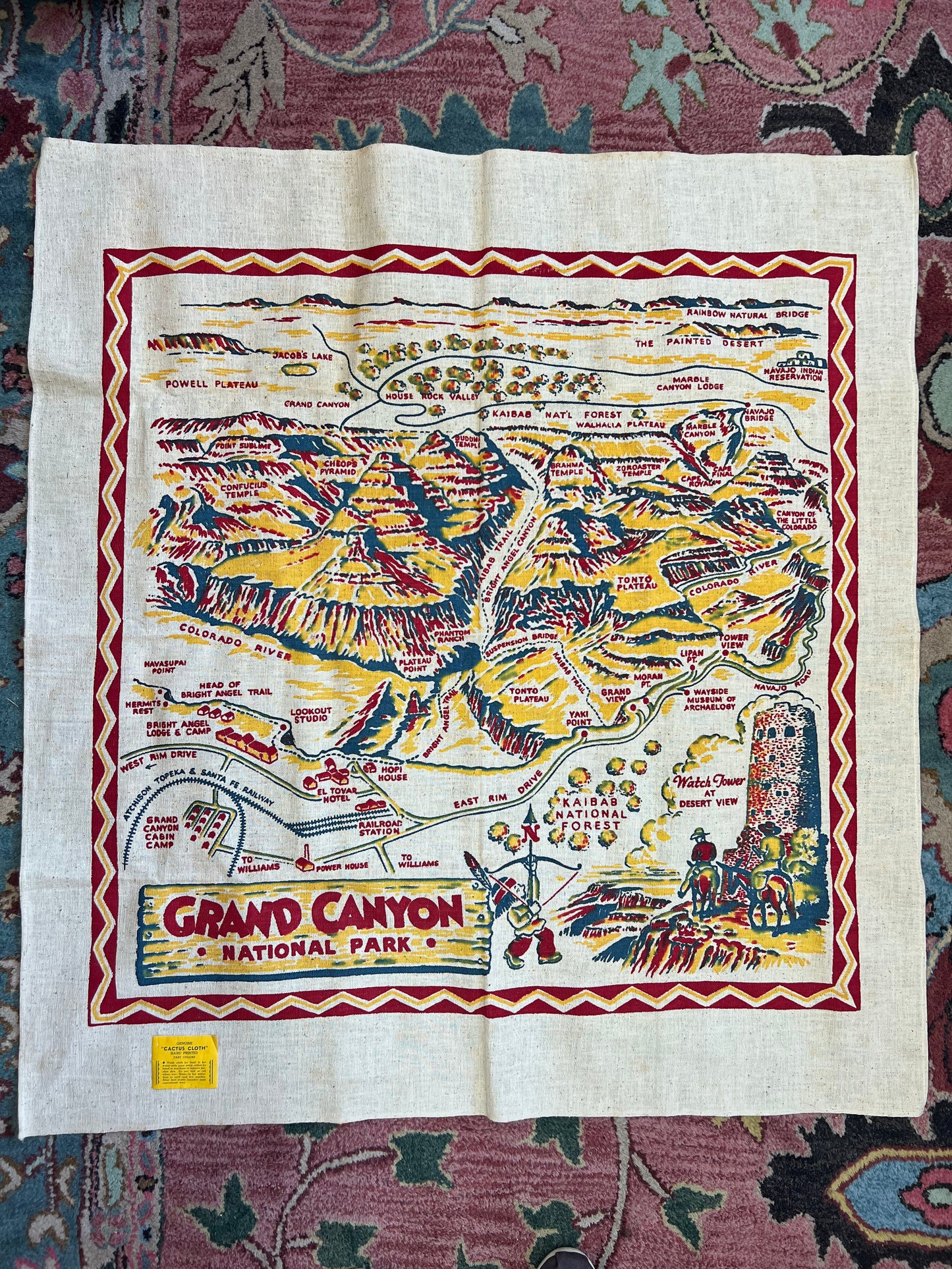 Vintage Genuine Cactus Cloth 40’s Unique Grand Canyon National Park Souvenir Cotton Tablecloth