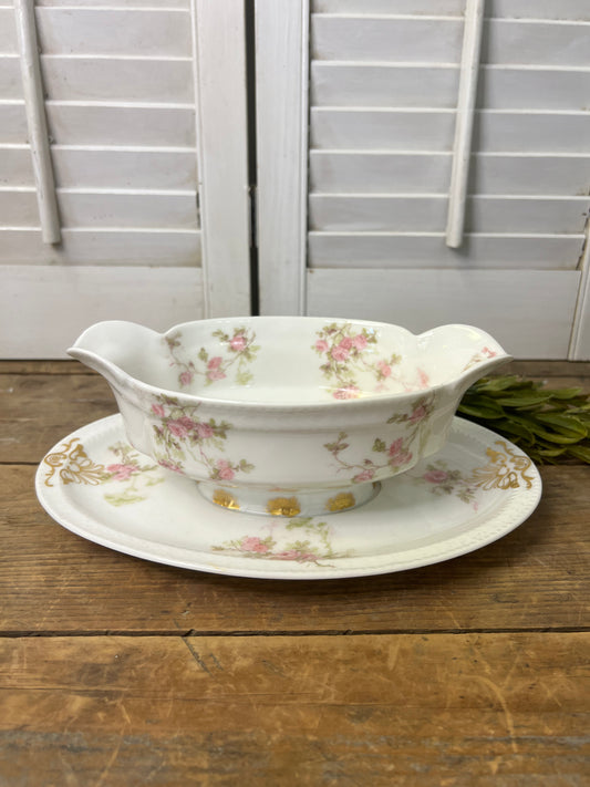 Antique Haviland Limoges France Floral Porcelain Gravy Boat with attached underplate