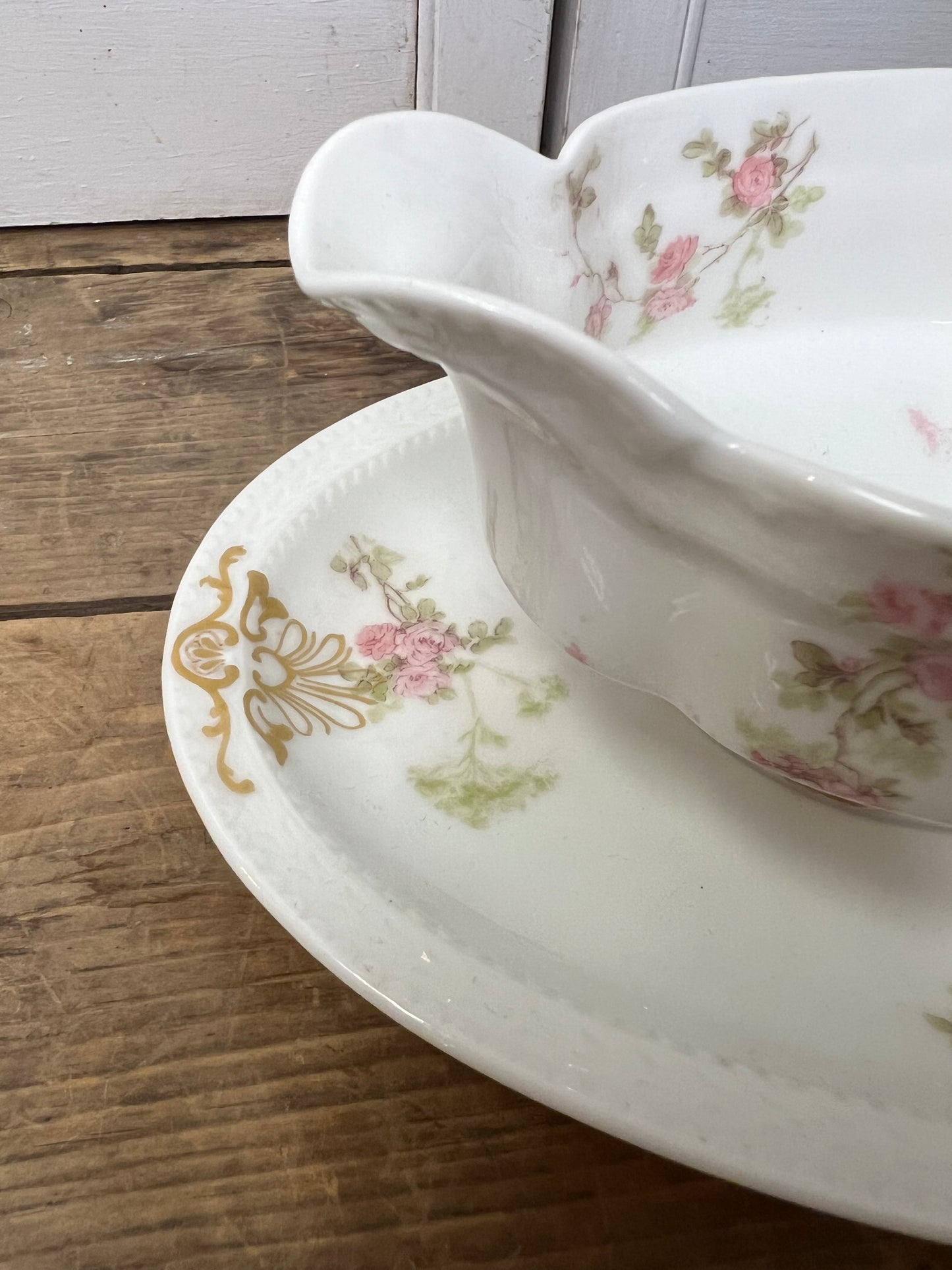 Antique Haviland Limoges France Floral Porcelain Gravy Boat with attached underplate