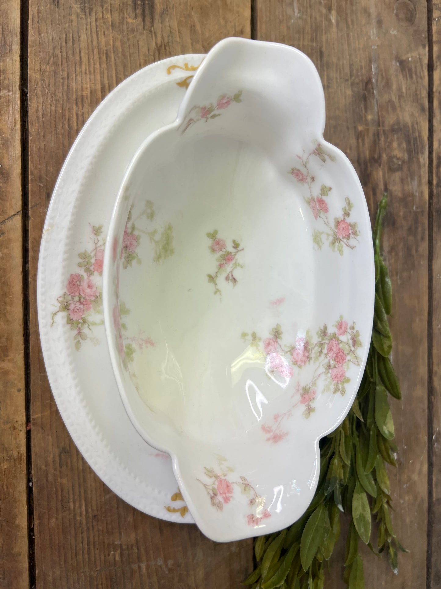 Antique Haviland Limoges France Floral Porcelain Gravy Boat with attached underplate