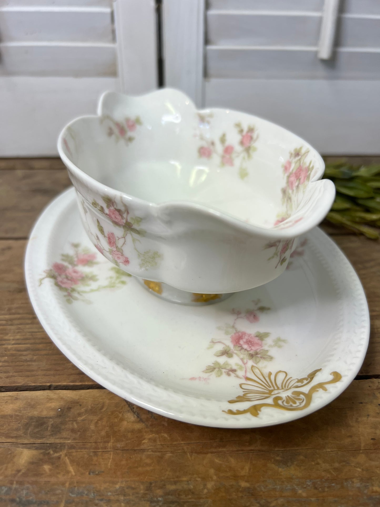 Antique Haviland Limoges France Floral Porcelain Gravy Boat with attached underplate