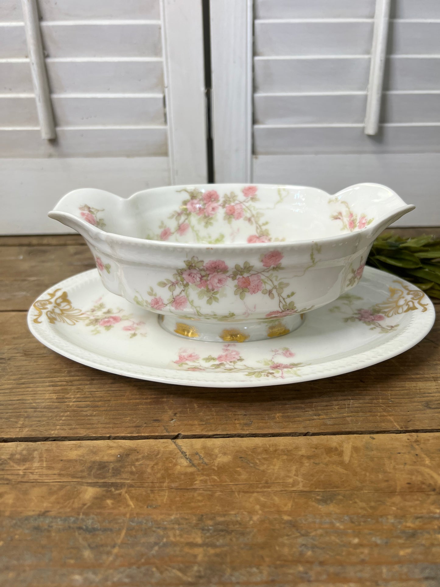 Antique Haviland Limoges France Floral Porcelain Gravy Boat with attached underplate