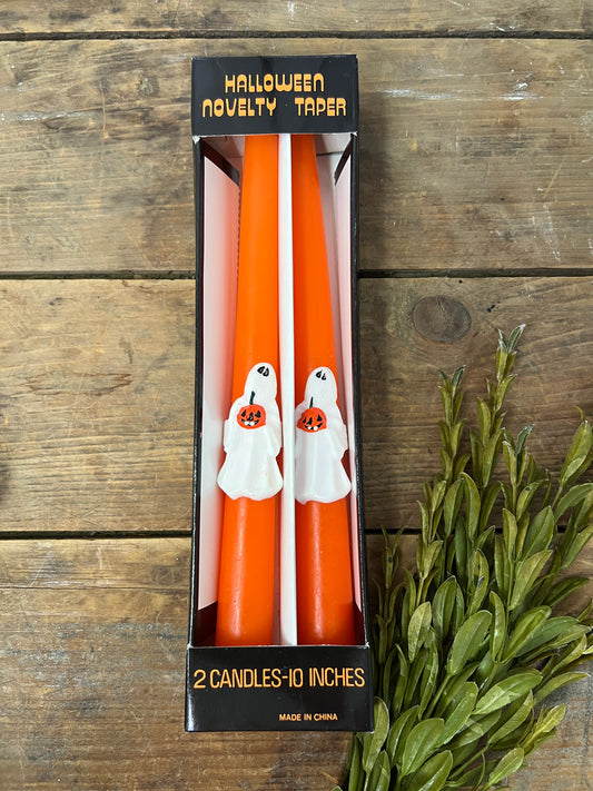 Halloween novelty taper candles/ 2 10” candles ghost holding jack o lantern orange candles