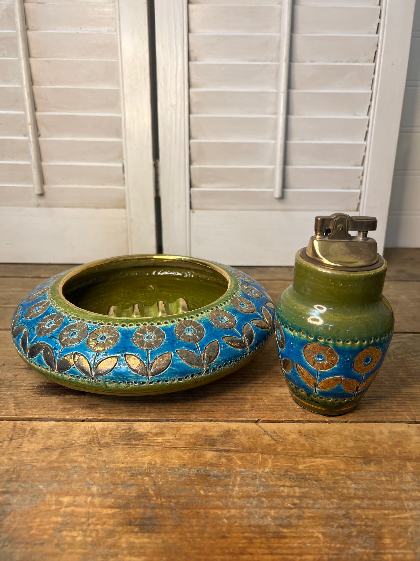 Vintage MCM Ashtray and Table Lighter SET By Aldo Londi For Rosenthal Netter Bitossi 1960’s Art Pottery