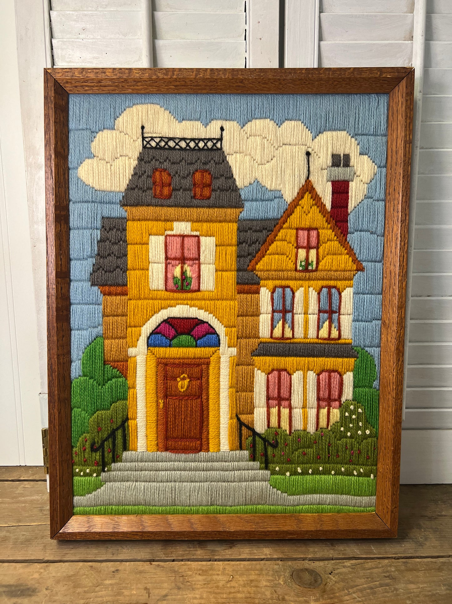 1981 creative circle framed crewel embroidery Victorian house