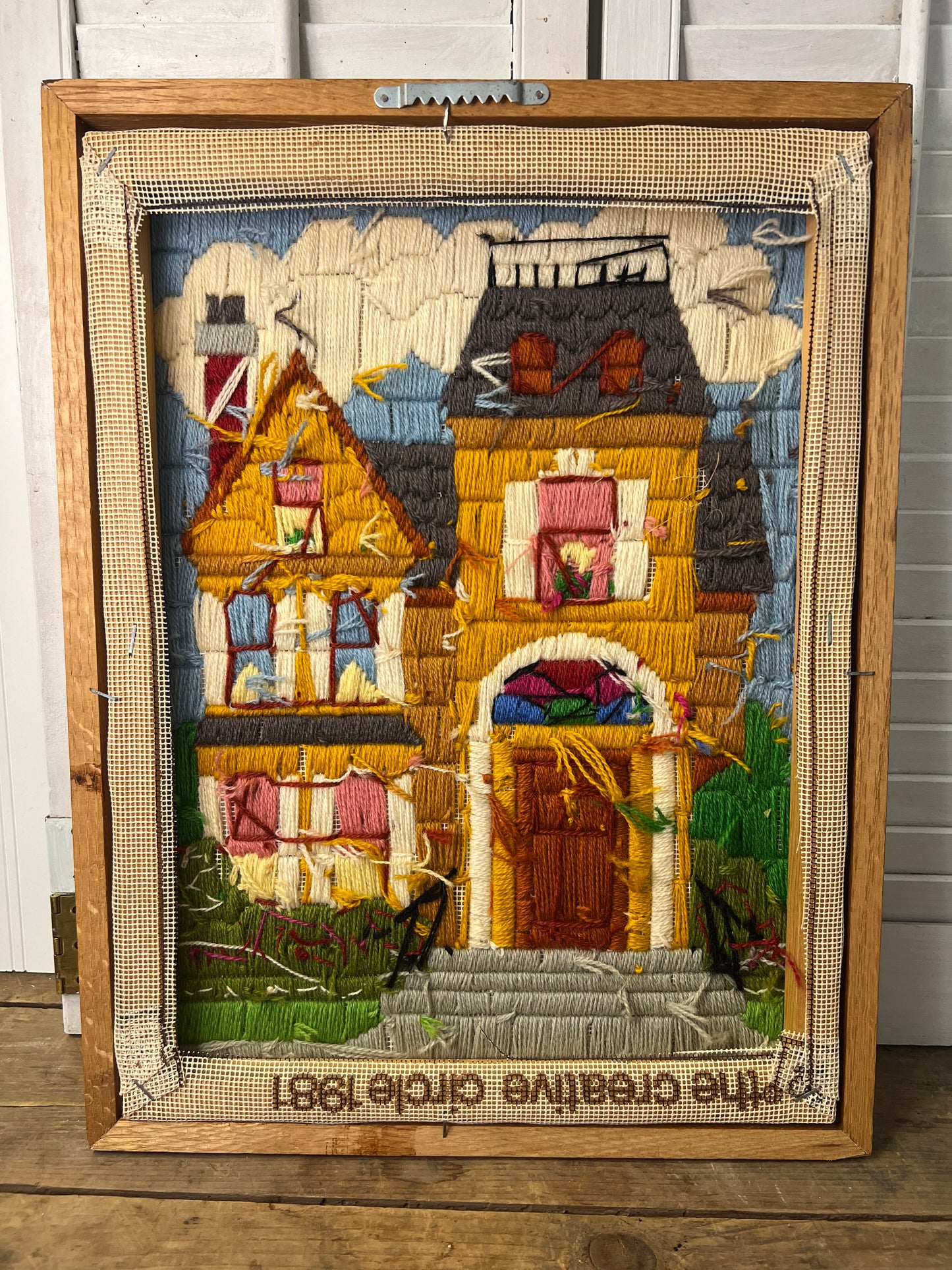 1981 creative circle framed crewel embroidery Victorian house