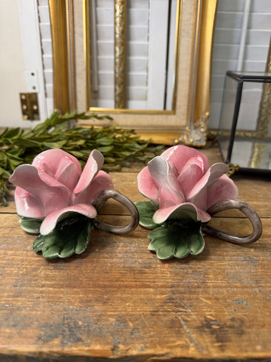 Capodimonte porcelain rose candlestick holders made in Italy