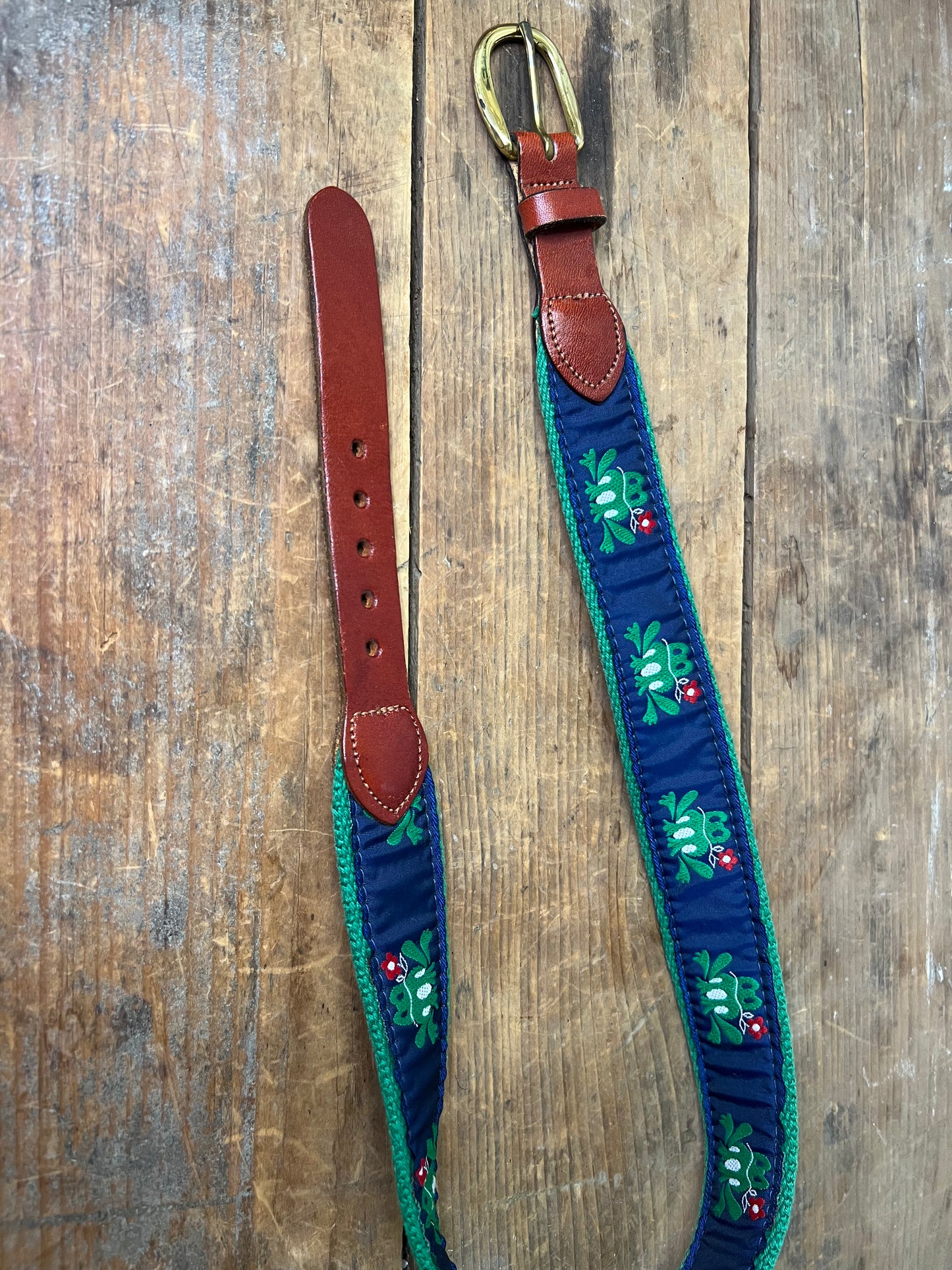 Leatherman Ltd Ribbon Belt Navy Blue Green Frogs Brass Buckle 51/24