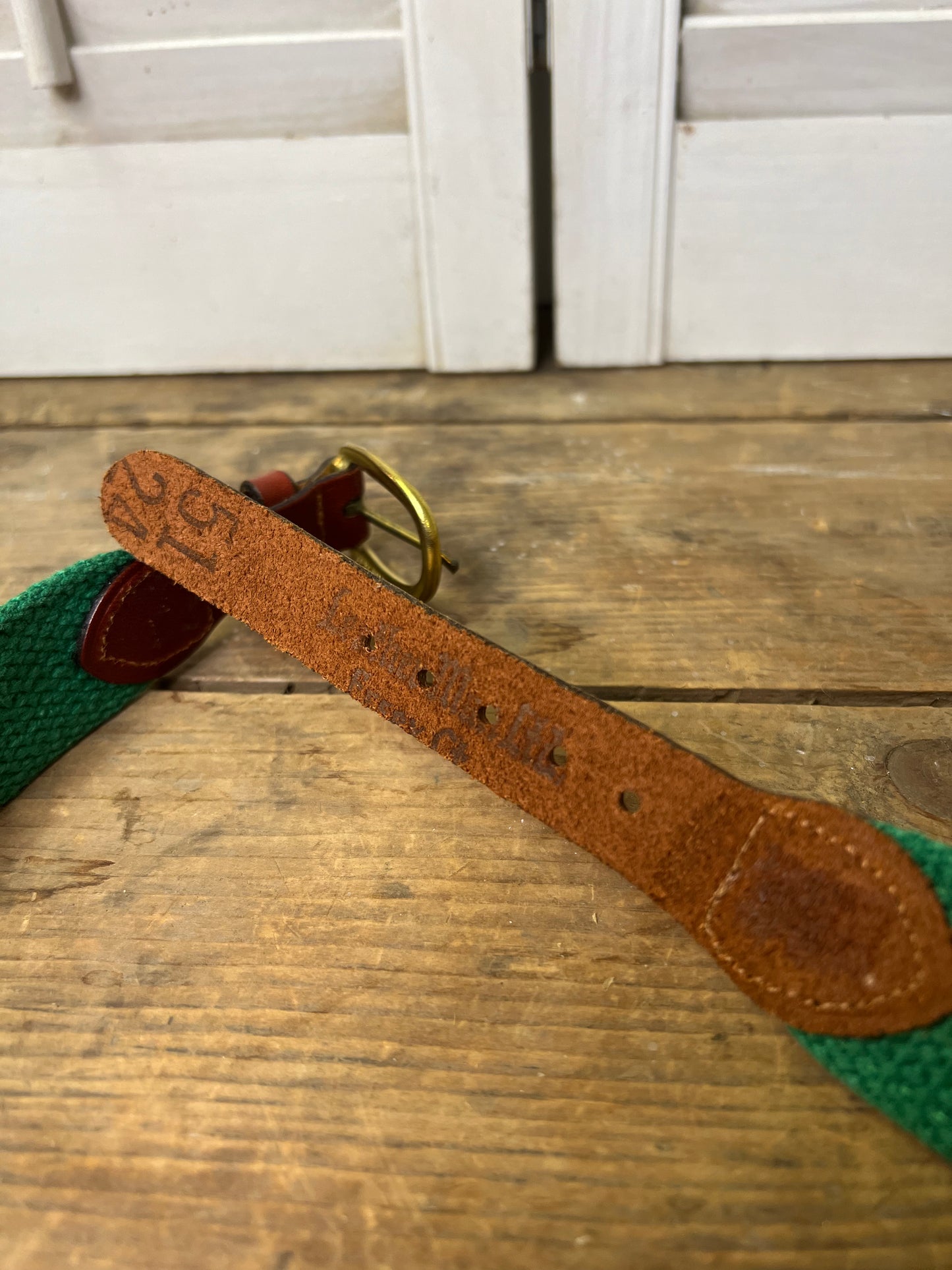 Leatherman Ltd Ribbon Belt Navy Blue Green Frogs Brass Buckle 51/24