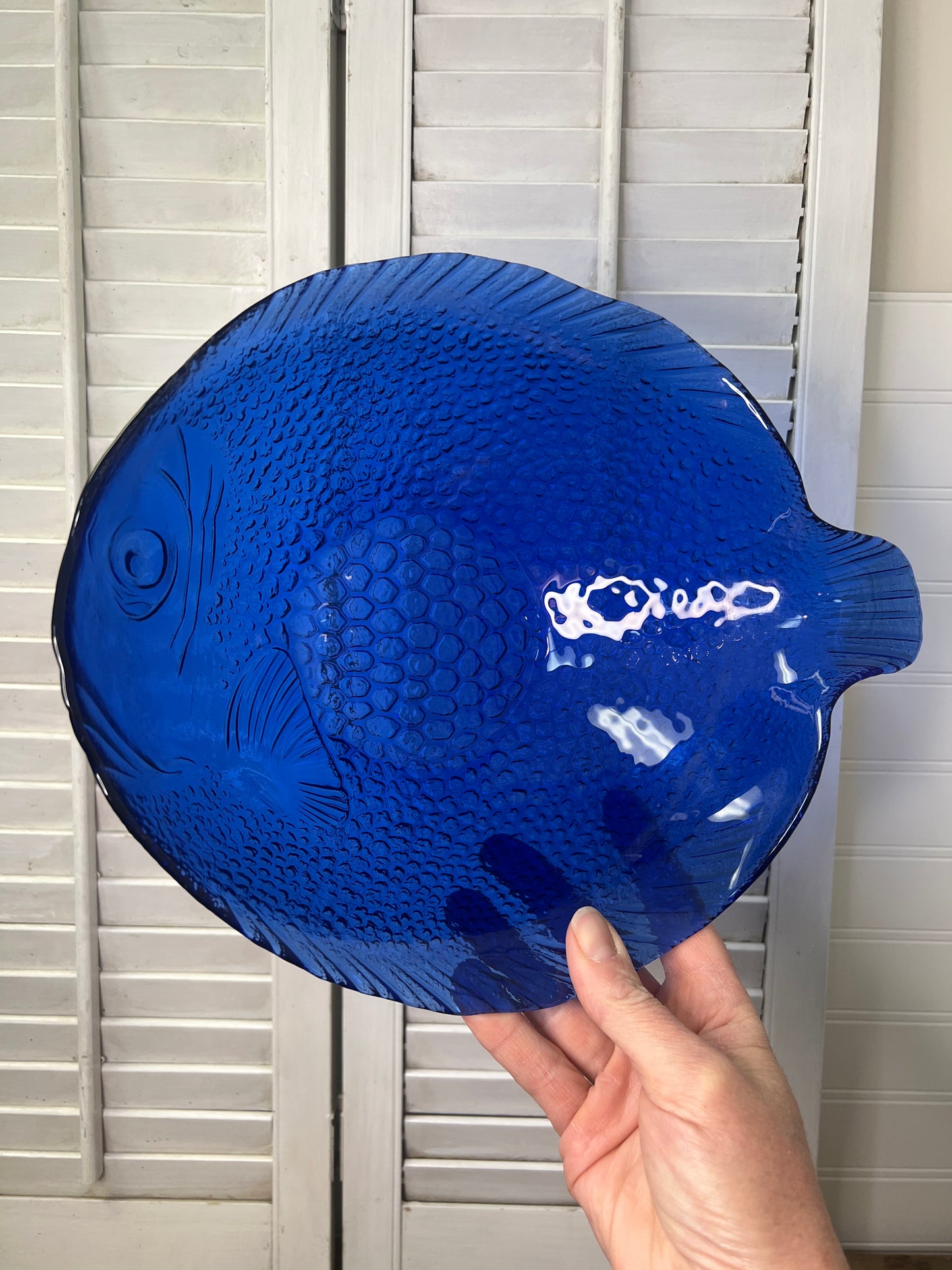 Vintage Arcoroc France Cobalt Blue Glass Fish Shaped Salad/ Serving Bowl  
