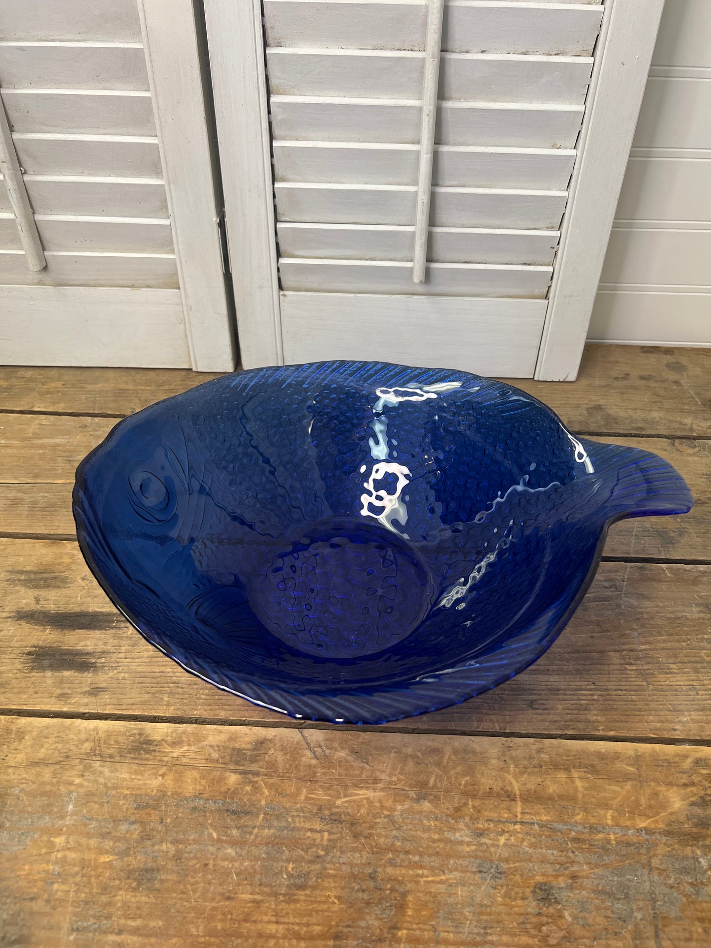 Vintage Arcoroc France Cobalt Blue Glass Fish Shaped Salad/ Serving Bowl  