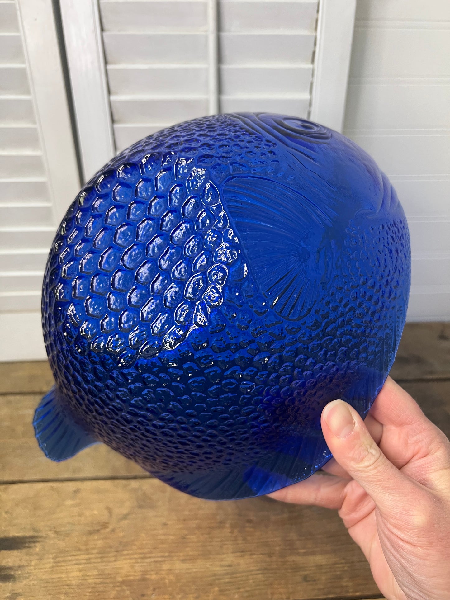 Vintage Arcoroc France Cobalt Blue Glass Fish Shaped Salad/ Serving Bowl  