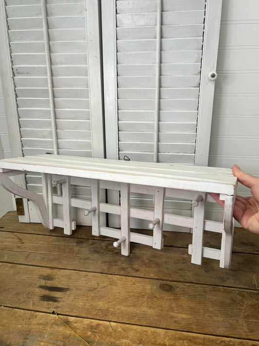 Vintage White Wood Slatted Wall Shelf with Pegs