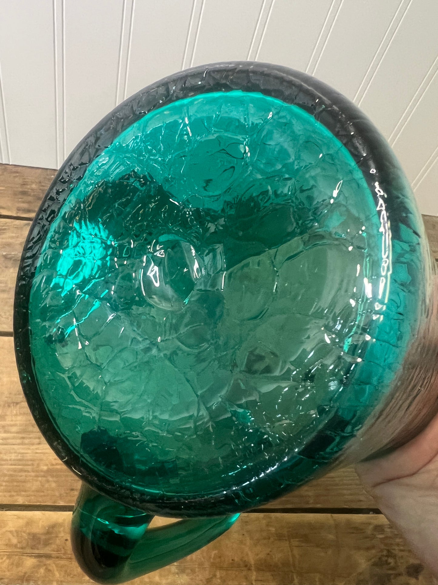 Vintage teal hand blown crackle glass pitcher