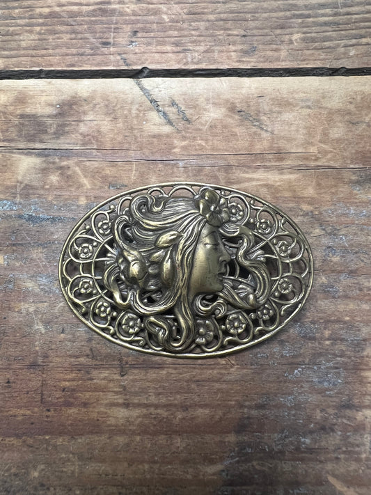 Vintage Art Nouveau Filigree WOMAN Jewelry Brooch Pin Oval 2.25"