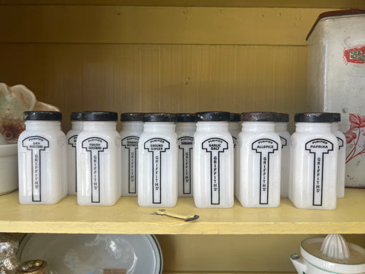 Set of 12 Vintage Milk Glass Griffith’s Spice Jars