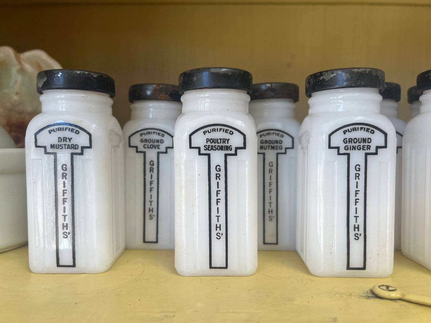Set of 12 Vintage Milk Glass Griffith’s Spice Jars